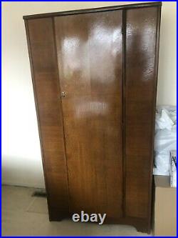Vintage Antique Brown Wood Veneer Wardrobe with Mirror Lockable with Key
