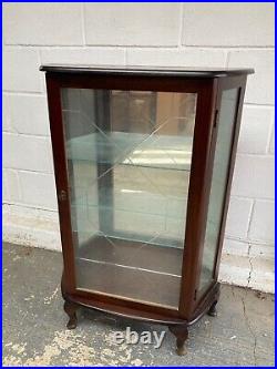 Vintage Antique Brown Wooden Bow Fronted Display Cabinet Lockable Glass Shelves