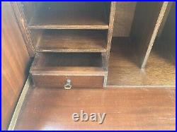 Vintage Antique Brown Wooden Bureau Desk Drop Down Front Drawers Lockable