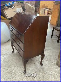 Vintage Antique Brown Wooden Bureau Desk Drop Down Front Drawers Lockable