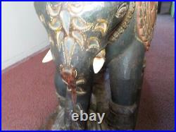 Vintage Antique Carved Wood Elephant Sculpture Painted Glass Inlay Rare Find
