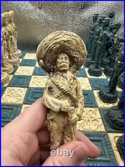 Vintage Antique Chess Set Wood and Soapstone Federales vs. Banditos