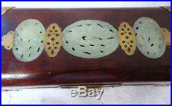 Vintage Antique Chinese Ornate Jade Golden Brass Wood Jewelry Box Nice