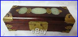 Vintage Antique Chinese Ornate Jade Golden Brass Wood Jewelry Box Nice