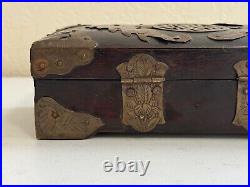 Vintage Antique Chinese Wood Box with Applied Brass Decoration Bats & Floral