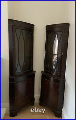 Vintage Antique Corner Brown Wood Cabinet Showcases (set Of 2)