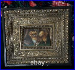 Vintage Antique Dog Painting Pekingese Oil on Board in Chunky Wood Frame