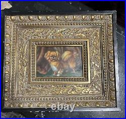 Vintage Antique Dog Painting Pekingese Oil on Board in Chunky Wood Frame