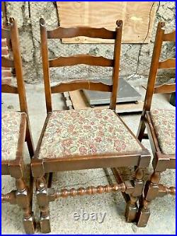 Vintage Antique Farmhouse Style Brown Wooden Dining Chairs x 6 Fabric Seats
