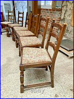 Vintage Antique Farmhouse Style Brown Wooden Dining Chairs x 6 Fabric Seats