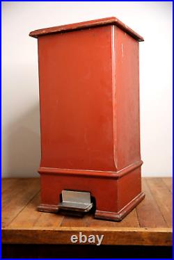 Vintage Antique Flip Top Lid Industrial wood Waste Trash Can Push Top red