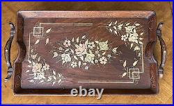 Vintage Antique French Art Nouveau Wood Tray Brass & Copper Inlay