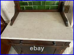 Vintage Antique Green Tile Marble Washstand Hall Stand Table Cupboard & Drawer
