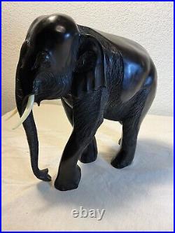 Vintage Antique Hand Carved Solid Wood Elephant with Tusks, figurines statues