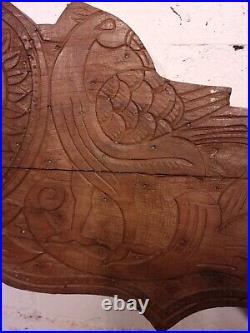 Vintage Antique Indian Hand Carved Solid Wood Floral Sign Plaque Bed Head Board