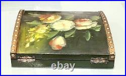 Vintage Antique Large Hand Painted Wood Flower Decor Trinket Dresser Jewelry Box