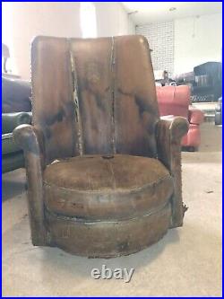 Vintage Antique Leather Chair Barrell for restore/Recover Royal Crown Delv Poss