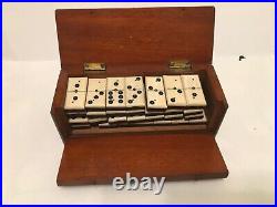 Vintage Antique Metal Pinned Bone & Ebony Wood Domino Set Of 28 In Wooden Box