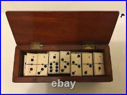 Vintage Antique Metal Pinned Bone & Ebony Wood Domino Set Of 28 In Wooden Box