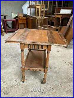 Vintage Antique Ornate Oak Drop Leaf Table with Wheels Trolley with Shelf