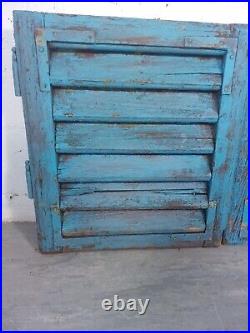 Vintage Antique Pair Blue French European Wooden Window Louvered Shutter