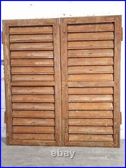 Vintage Antique Pair Brown French European Wooden Window Louvered Shutters