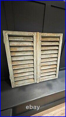 Vintage Antique Pair French European Wooden Window Louvered Shutters Patina
