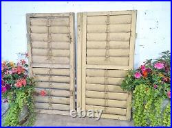 Vintage Antique Pair Yellow French European Wooden Window Louvered Shutters