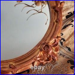Vintage Antique ROSE Gold Round Carved Wood & Plaster Ornate Floral Wall Mirror