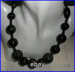Vintage Antique Rare Natural Black Wood Carved Inlay Beads Necklace
