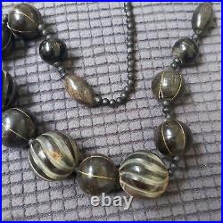 Vintage Antique Rare Natural Black Wood Carved Inlay Beads Necklace