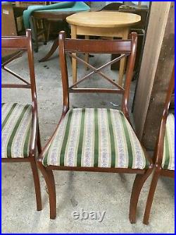 Vintage Antique Regency Style Brown Dining Chairs x 4 Green Striped Seats