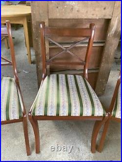 Vintage Antique Regency Style Brown Dining Chairs x 4 Green Striped Seats