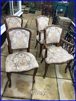 Vintage Antique Solid Wood Brown Dining Chairs x 4 Fabric Seats