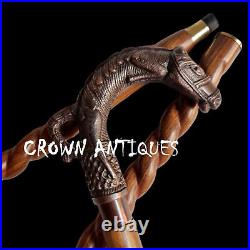 Vintage Antique Style Brass Wood Victorian Walking Stick Cane Spiral Carved 37