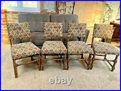 Vintage Antique Style Brown Wooden Dining Chairs x 4 Tapestry Fabric Seats Backs