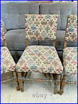 Vintage Antique Style Brown Wooden Dining Chairs x 4 Tapestry Fabric Seats Backs
