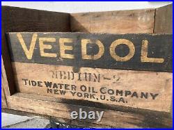 Vintage Antique Veedol Oil Can Crate Tide Water Advertising Wood Box
