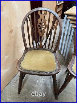 Vintage Antique Windsor Round Stick Wheel Back Dining Chairs x 4 Yellow Seats
