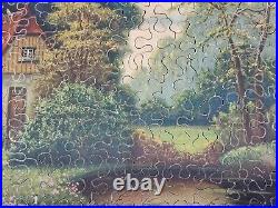 Vintage Antique Wood Wooden Jigsaw Puzzle Cottage Dog Garden Woods Landscape Art
