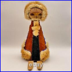 Vintage Antique Wooden Wood Natural Fur Handmade Figurine Statue Eskimo Girl 454