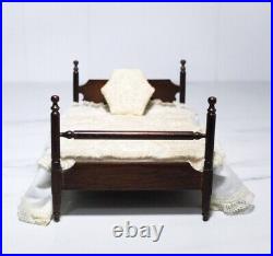 Vintage Artisan Dollhouse Miniature Wood Antique Style Bed + Linens Scale 112