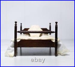 Vintage Artisan Dollhouse Miniature Wood Antique Style Bed + Linens Scale 112