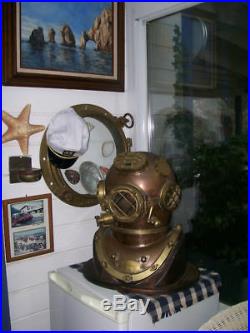 Vintage Brass & Copper Diving Helmet Table Divers Decor Scuba SCA US Navy Mark