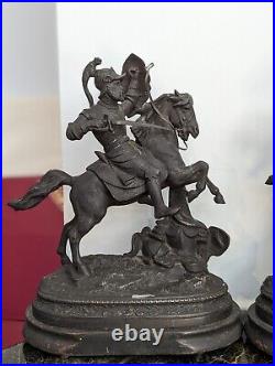 Vintage Bronzed Spelter Mounted Knights on Rearing Horse Large Pair Wood
