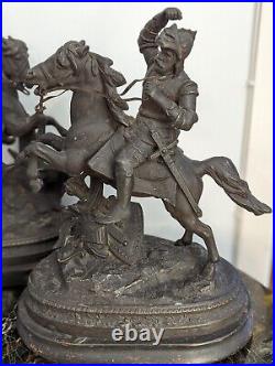 Vintage Bronzed Spelter Mounted Knights on Rearing Horse Large Pair Wood