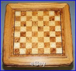 Vintage Burr, Burl & Natural Walnut Chess Table With Single Drawer & Pieces