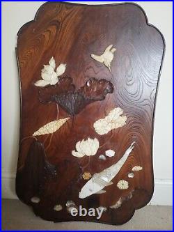 Vintage Chinese Inlaid Mother Pearl & beautiful carving Hard Wood display Panel