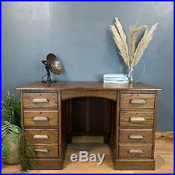 Vintage Desk Antique Old Rustic Oak Pedestal Office Drawers Furniture