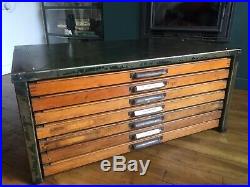 Vintage Distressed Steel Industrial Coffee Table Wood Drawers Chest Haberdashery